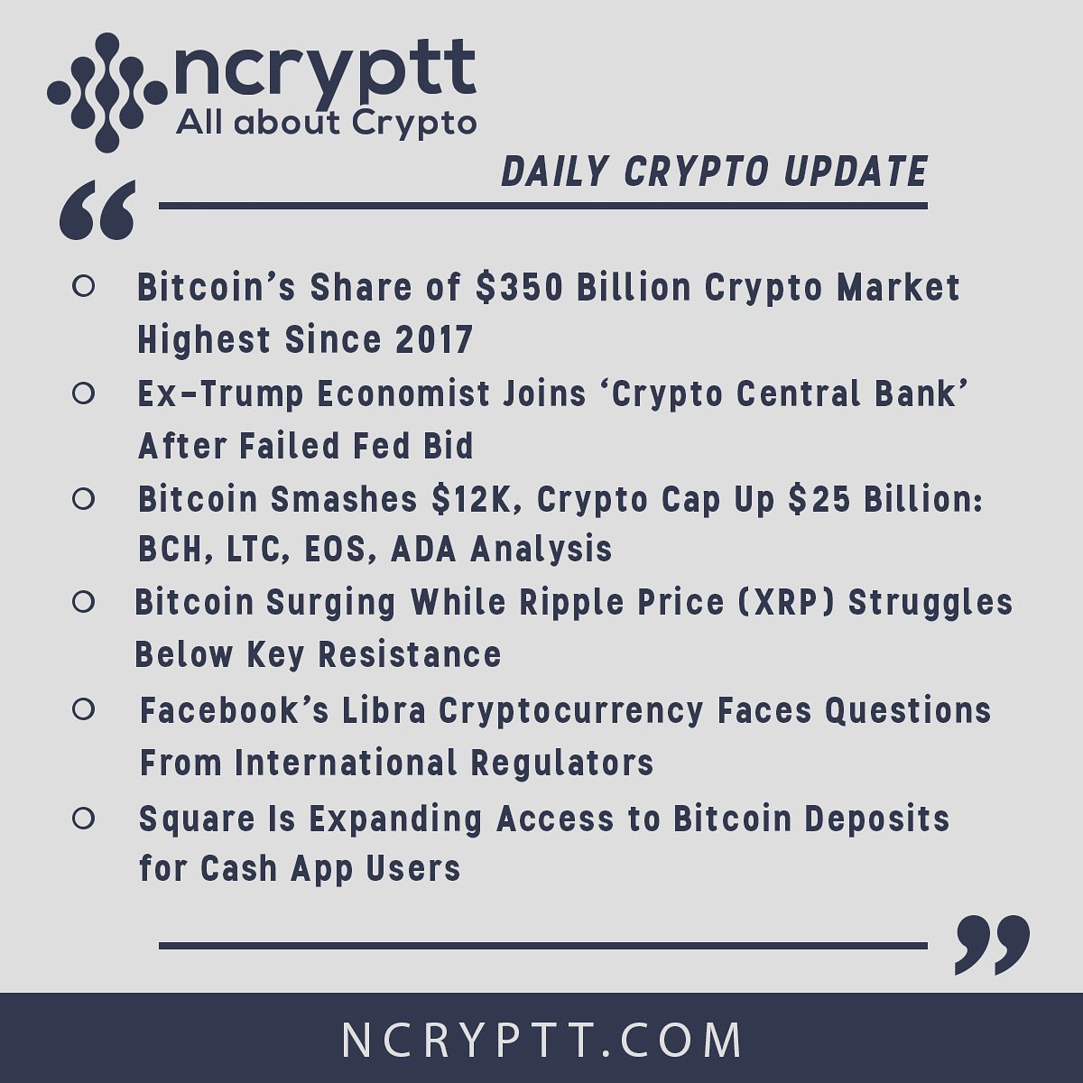ncryptt's tweet photo. #dailycryptoupdate #cryptonews #ncryptt #btc #$350billion #marketshare #extrump #economist #cryptocentralbank #fedbid #failed #bch #ltc #eos #ada #xrp #struggle #facebook #libra #international #regulators #square #btc #deposits https://t.co/kJAqOae9hq