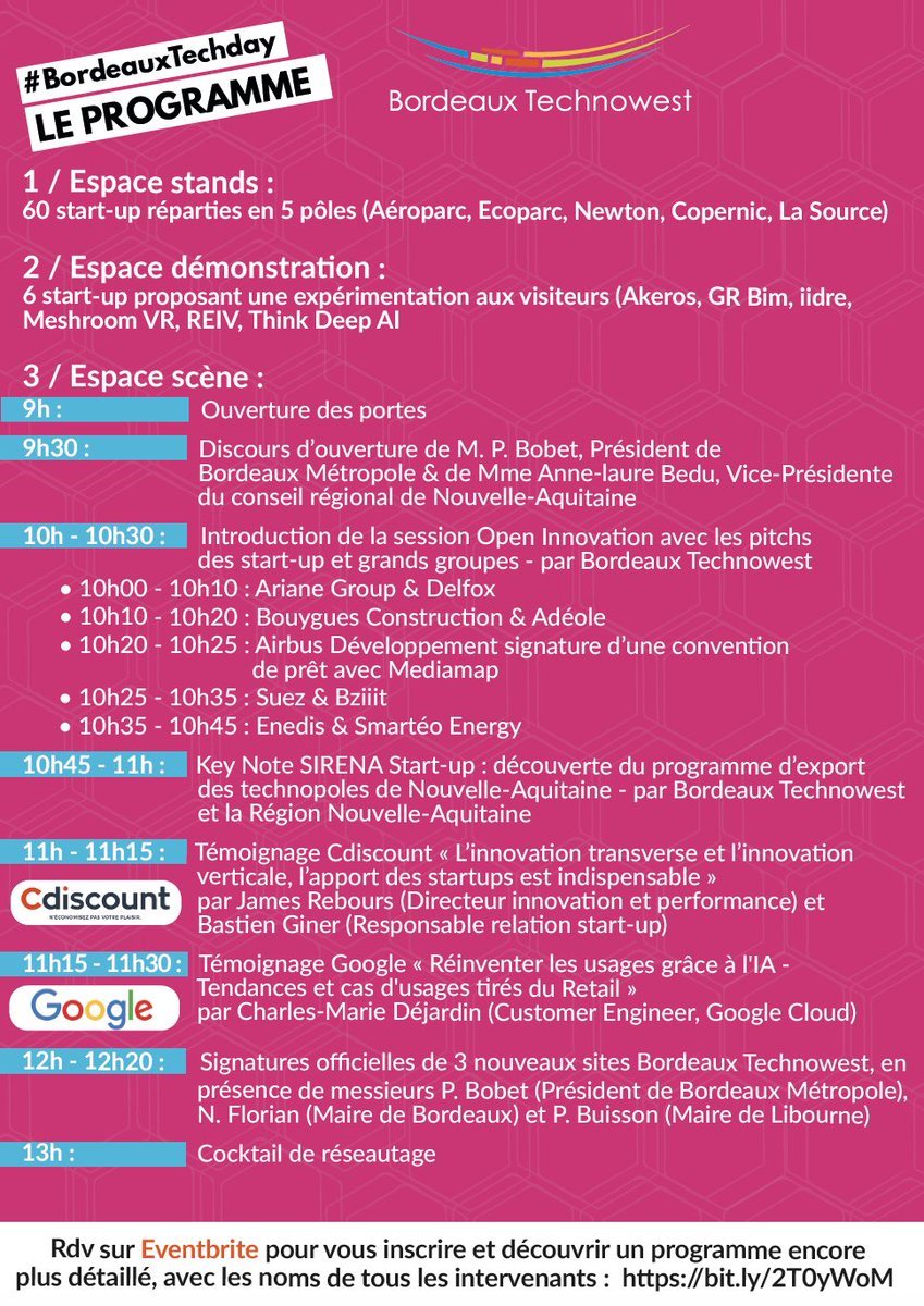 ♨️ Le programme du #BordeauxTechDay est en ligne ! 

🔜 Des conférences, des pitch sur l’#OpenInnovation, 2 keynotes <a href="/Cdiscount/">Cdiscount</a> et <a href="/GoogleFR/">Google FR</a>, un témoignage Export avec <a href="/Sirena_Startup/">Sirena Start-up</a>, des #démos et ... 60 #startup à (re)découvrir !

#MagneticBordeaux #TeamNaqui