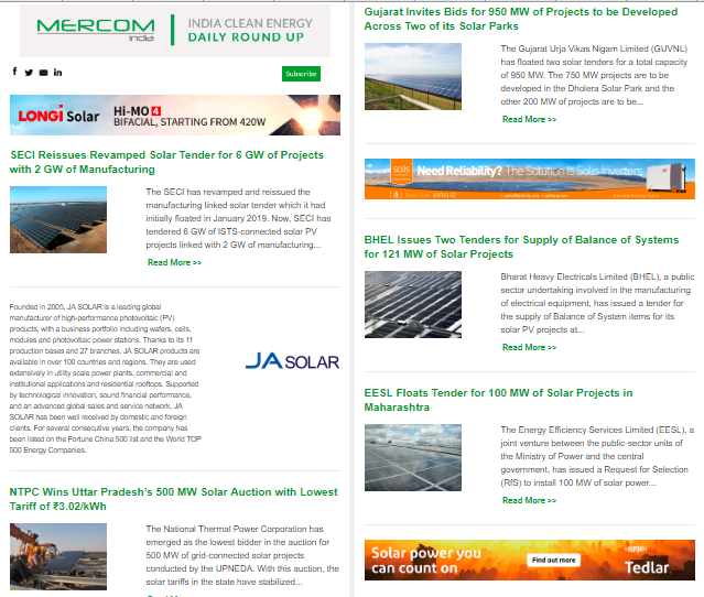 Sampath_Mercom's tweet image. Mercom's Daily Roundup: SECI Reissues Revamped Solar Tender for 6 GW of Projects with 2 GW of Manufacturing; NTPC Wins UP Solar Auction; GUVNL invites bids for 950 MW across two solar parks; EESL floats 100 MW tender; BHEL BOS Tenders mailchi.mp/mercomcapital.… #solarpv #solartender