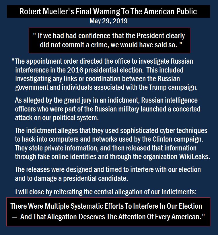 YesWeCan4Us's tweet photo. @kylegriffin1 With his final warning about Trump's #Danger and what happened in the 2016 #Election and what could happen again, now openly confirmed by #Individual1, Special Counsel Robert Mueller raises the #ALARM on the very #NationalSecurityThreat that applies to the #EntireFreeWorld! https://t.co/ky8jvqPtv6
