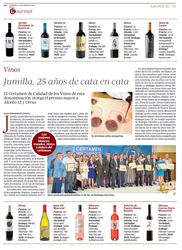 Noticia sobre el XXV Certamen de Calidad Vinos de Jumilla en Diario ABC #Gourmet #ABCdelOcio para tener en cuenta con la lista de la compra. Los #Vinos que más han gustado a  <a href="/juanfdezcuesta/">Juan Fdez-Cuesta</a> y breves nociones sobre nuestra DOP Jumilla, cuna de la variedad #Monastrell  #Jumilla