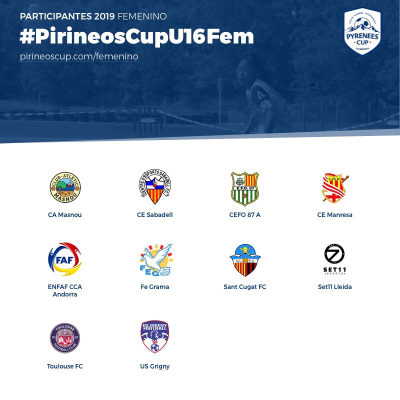 ¡Estos son los equipos que jugarán la categoría U16 Fem en la Pirineos Cup 2019!
Sigue todas las novedades de la categoría en pirineoscup.com/femenino y en redes sociales a través del hashtag #PirineosCupU16Fem.
¿Quién crees que será el ganador?
#PirineosCupU16Fem
#PirineosCup2019