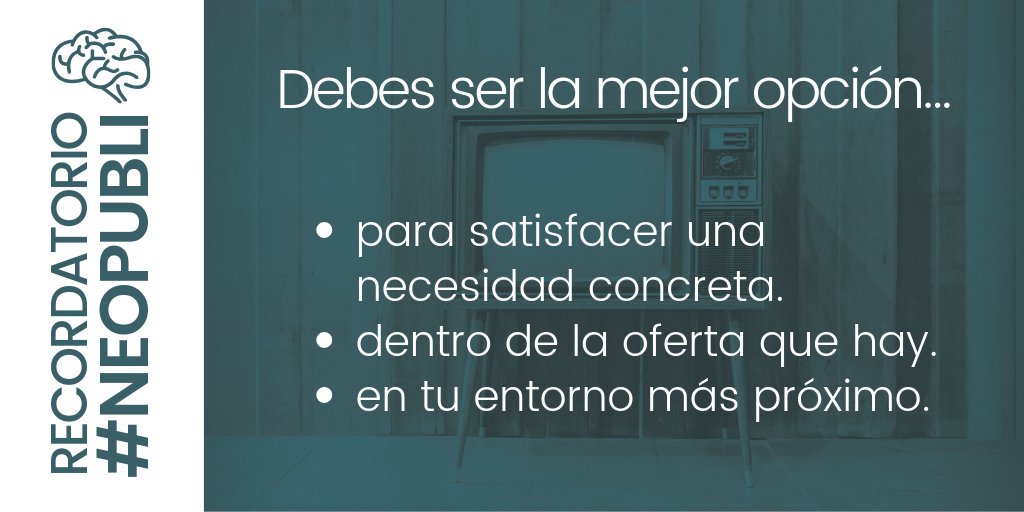 #RecordatorioNeopubli: «Debes ser la mejor opción:
· para satisfacer una necesidad concreta;
· dentro de la oferta que hay;
· en tu entorno más próximo».

Descarga gratis el comienzo y empieza a leer #Neopubli: hexaeditores.com/empieza-neopub… 

#MarketingdeContenidos #BrandedContent