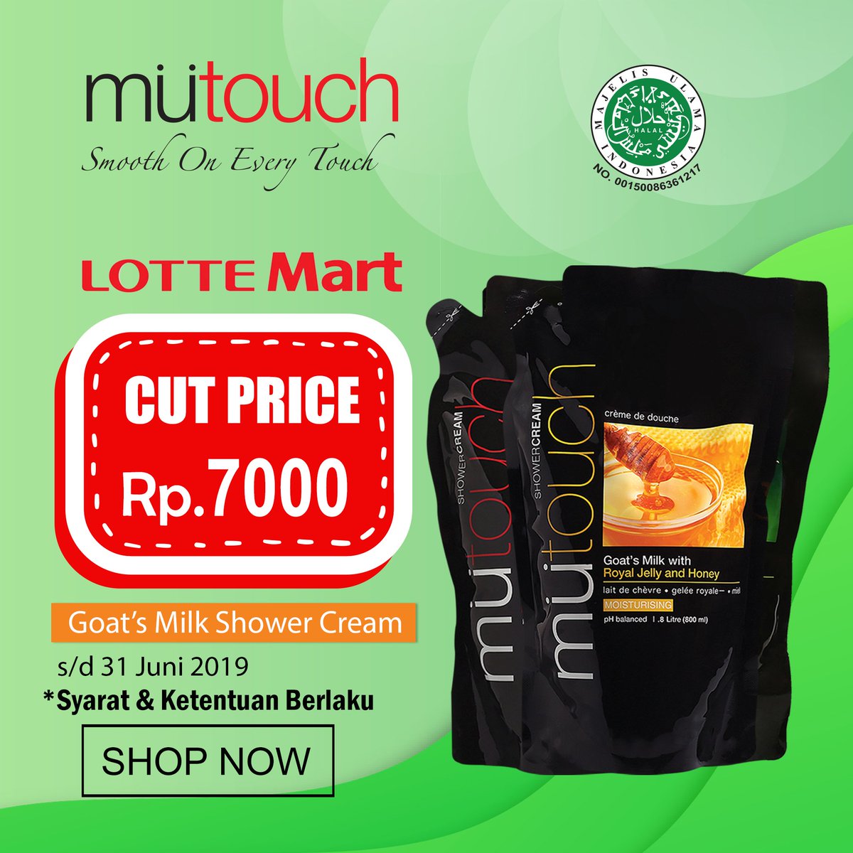 mutouch_id's tweet photo. Hi Sahabat Mutouch. Dapatkan diskon untuk  pembelian Mutouch Goats Milk Shower Cream favorit kamu di bulan ini. Yuk  datang langsung ke Lottemart terdekat dan dapatkan Potongan Rp 7.000  untuk pembelian Mutouch ukuran 800 ml (berlaku untuk semua varian) .. #PromoMutouch https://t.co/DD57gsVLz8
