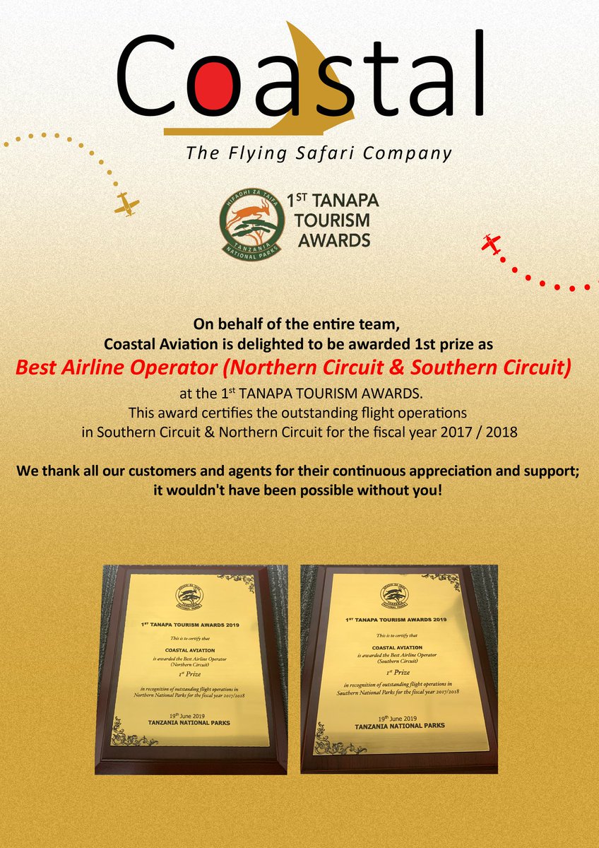 Happiness is receiving the 1st Prize for Best Airline Operator (Northern Circuit & Southern Circuit) at 1st Tanapa Tourism Awards 
#coastaltanzania #coastalawards #theflyingsafaricompany #bestairlineoperator