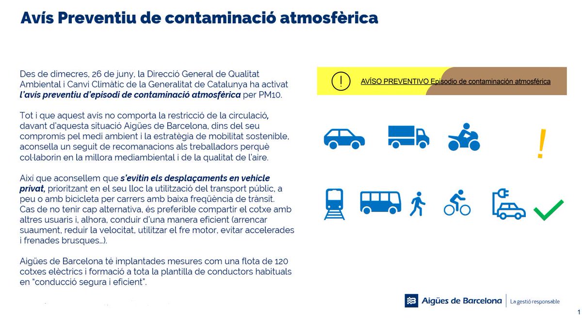 Recomanem l'ús del transport públic, a peu o en vehicles de baixes emissions.
#mobilitatsostenible a <a href="/aiguesbcnclient/">Aigües de Barcelona</a>