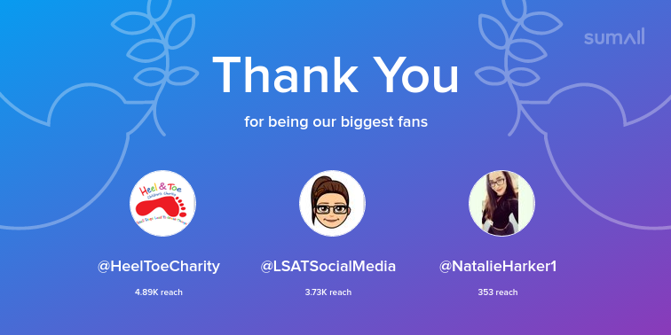 Our biggest fans this week: HeelToeCharity, LSATSocialMedia, NatalieHarker1. Thank you! via sumall.com/thankyou?utm_s…