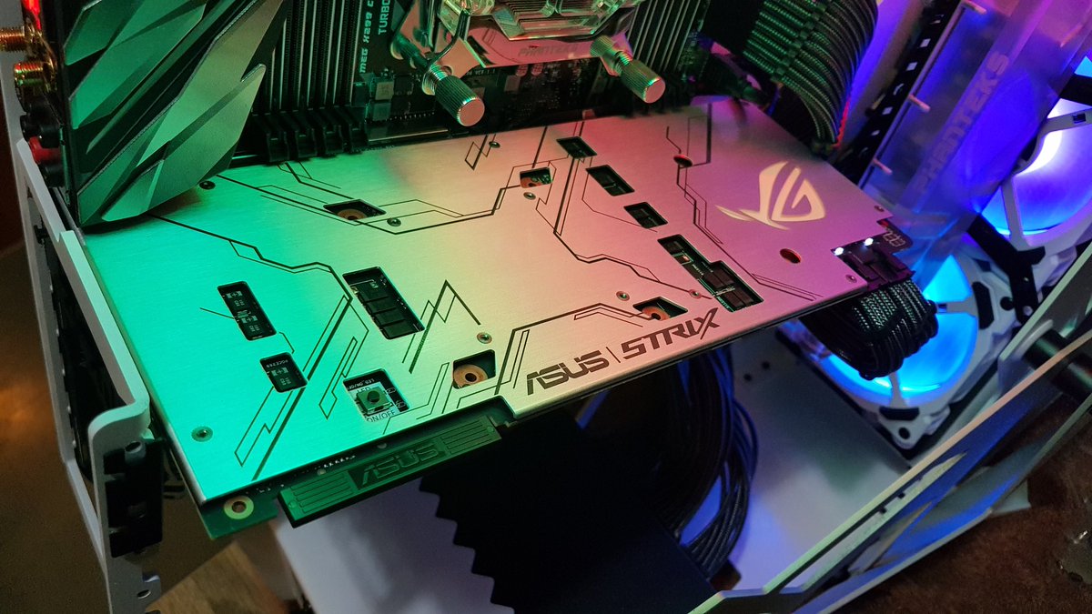 Removed the anodizing from the RTX2080Ti Strix, and installed it along with the Phanteks waterblock. Love how the original silk-screen print and brushed texture still remains after the acid bath! 
<a href="/ROGNordic/">ASUS ROG Nordic</a> <a href="/antec/">Antec</a> <a href="/CableMod/">CableMod</a> <a href="/Phanteks/">Phanteks</a>