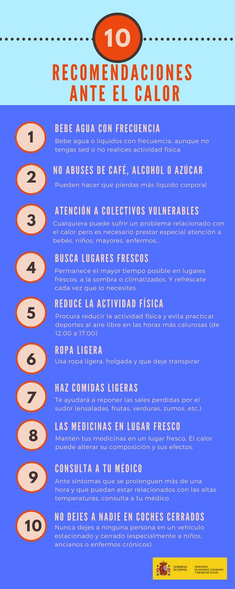 1⃣🥤 Bebe agua 
2⃣No abuses de café o azúcar
3⃣Mucha atención a 👶 y 👵👴
4⃣Busca lugares frescos
5⃣Reduce actividad física🚴‍♂️🏸🏃‍♀️
6⃣Ropa ligera 
7⃣Comidas ligeras🍓🥗
8⃣Medicinas en lugares frescos
9⃣Consulta a tu médico 
🔟No dejes a nadie en coches cerrados
#OlaDeCalor
