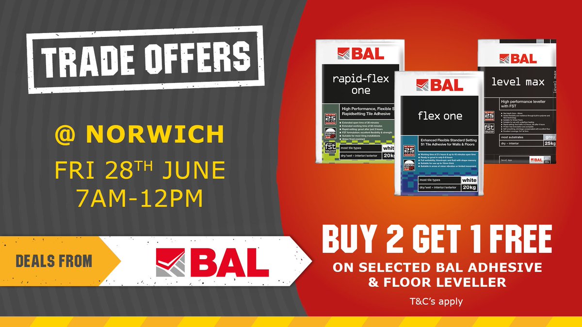 CTDTrade's tweet photo. Trade Offers at CTD Norwich 👷 Friday 28th June 7AM-12PM
✔️ Buy 2 Get 1 FREE on selected BAL products
✔️ Grab FREE sausage or bacon bap + hot drink on the day! https://t.co/mVDw2LBiXV