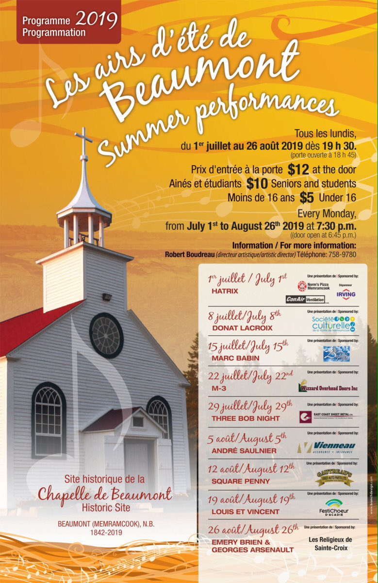SCVM_MEMRAMCOOK's tweet image. Les airs d’été de Beaumont
1er juillet à 19 h 30
HatRix

Voici trois gars, chacun entre 20 à 30 ans d’expérience en musique, que ça soit avec leur voix, guitare, musique à bouche, batterie ou percussions: Al Bourgeois natif de Memramcook, Dave Boucher et Yves Drisdelle.