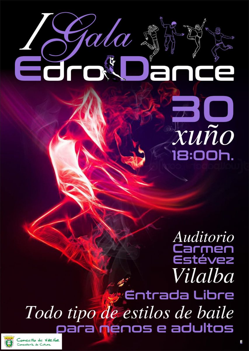 I Gala Edro Dance
Gala chea de ritmo, sorpresas e emocións, onde poderemos ver entre outras actuacións, as distintas exhibicións de bailes dos alumnos da escola Edro Dance.
  Lugar: Auditorio Carmen Estévez  
  Hora: 18:30h.
  Entrada de balde.
  Para todos os públicos