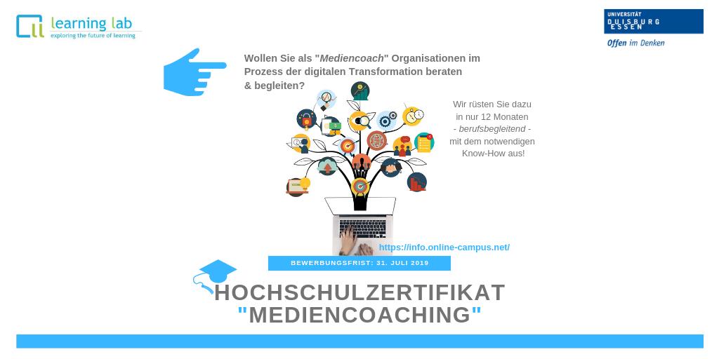 In nur 12 Monaten zur 1. Ansprechperson für Institutionen, Organisationen &amp; Lehrpersonal werden, wenn es um die Beratung und Begleitung digitaler Transformationsprozesse geht? -> Zertifikatsprogramm "Mediencoaching" @learninglab <a href="/unidue/">Uni Duisburg-Essen @unidue.bsky.social</a> #weiterbildung #coaching #changemanagement