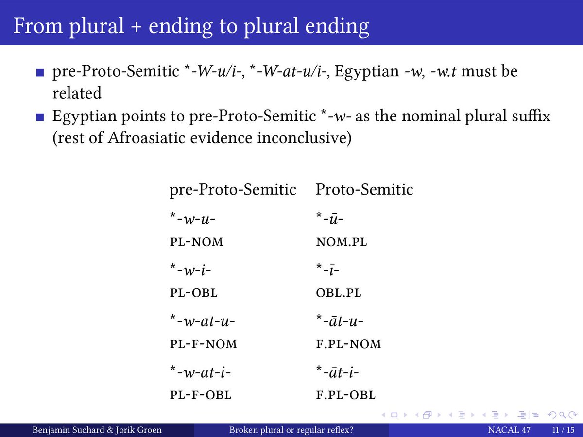 The Egyptian plural endings match the internal pre-Proto-Semitic reconstruction. Especially the weird order of number-gender suffixes (plural-feminine) in both must be related (normally, languages mark gender closer to the stem than number). So: pre-PS pl. suffix *-w-.