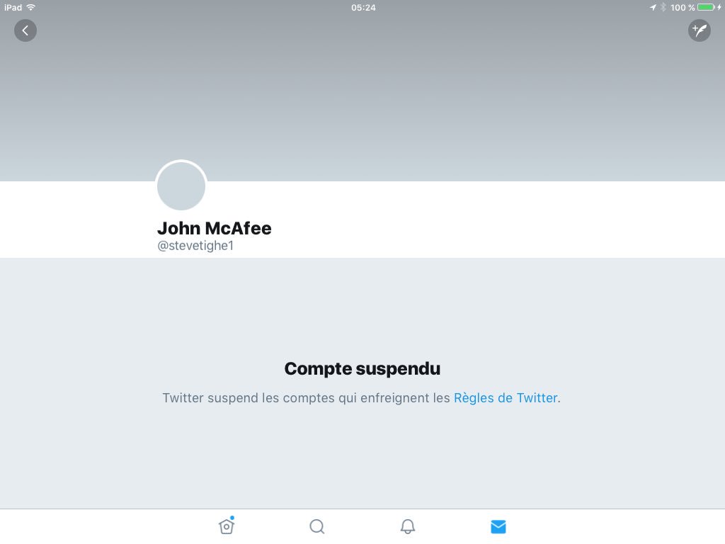 Que se passe-t-il avec le compte Twitter de @stevetighe1 ? A-t-il été piraté ?

Son nom et son avatar ont été changés pour ceux d'un certain John McAfee il y a quelques jours et là j'apprends que son compte a été suspendu.

Que se passe-t-il ?