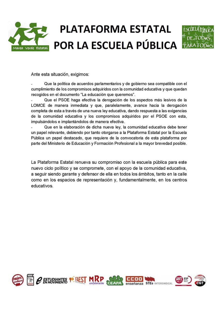 La <a href="/PlatEstEscuelaP/">PlatEstEscuelaP</a> exige al PSOE el cumplimiento de los compromisos adquiridos en educación