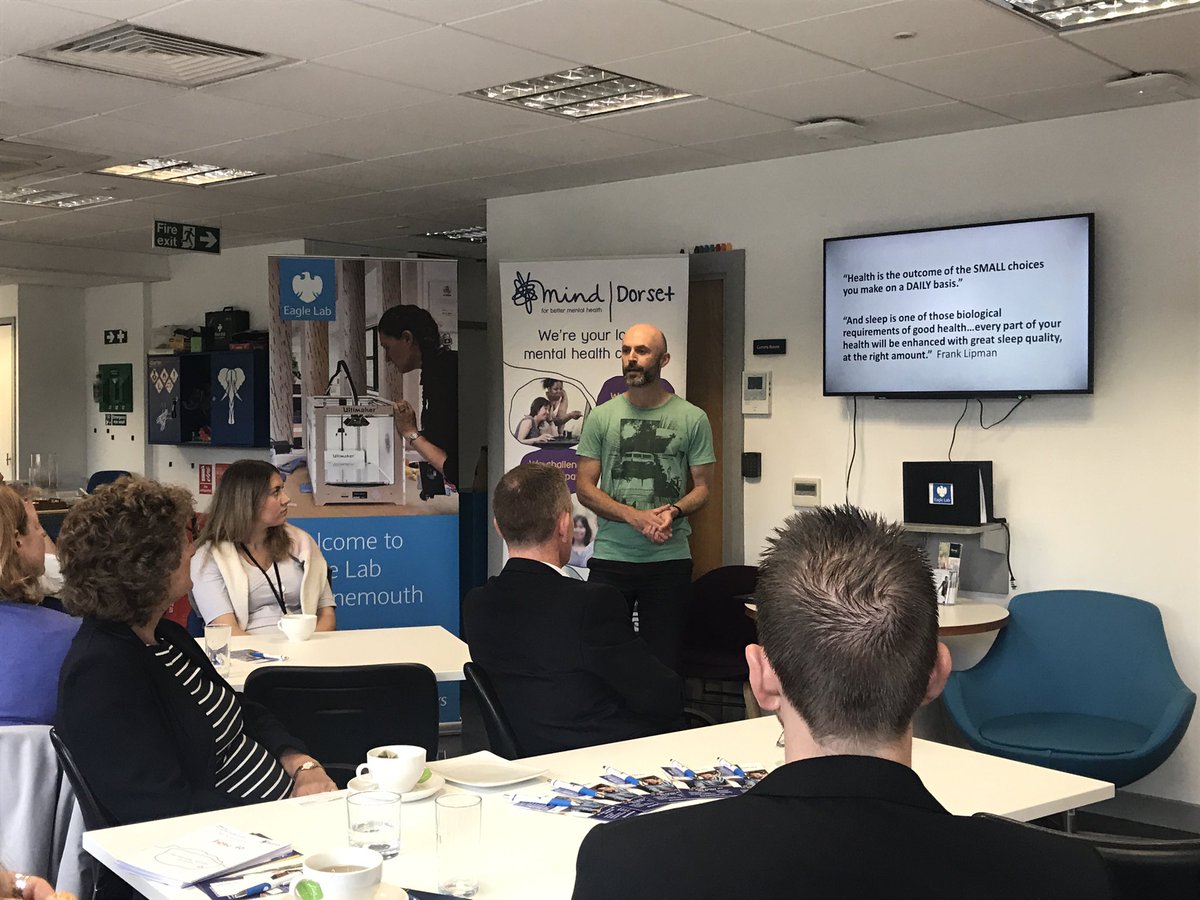 DorsetMind's tweet image. We’re hearing all about #sleep from Olly Leicester at @Barclays #eaglelabs #Bournemouth - he’s sharing some theory AND some top tips for quality sleep... 
✅turn off tech
✅create a routine
✅grounding 
✅breathe
Sleep = #Healing