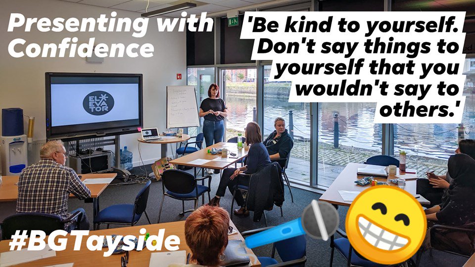 We've got Lynne Martin from @ElevatorUK in this morning giving us some great tips on how to speak in public. Remember to be kind to yourself folks! 🤗 #BGTayside #Dundee #ConnectWithUs