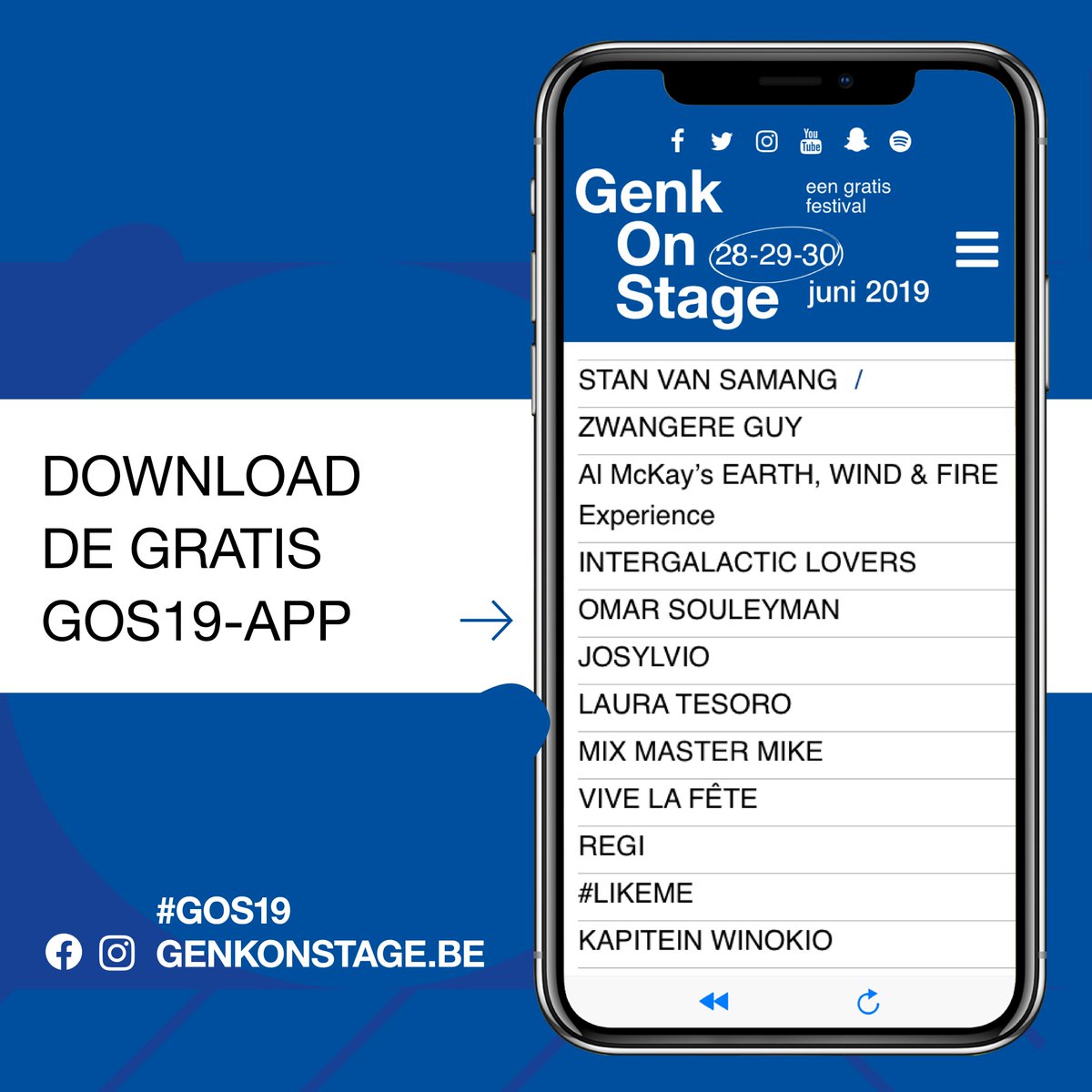 Onze officiële Genk on stage 2019 applicatie is hier! Download hem en blijf altijd up-to-date. Alle info &amp; volledige timetable te vinden op onze app!
 Beschikbaar op App Store &amp; Google Play Store.
