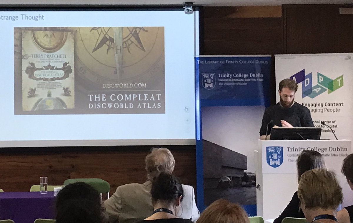 LIBERconference's tweet image. Gary Munelli @adaptcentre entity linking from Wiki to Knowledge-base. Gary’s research established relationships between #terrypratchet characters. Learning loads more about Pratchett’s novels! #libtech #liber2019 @supprian #discworld