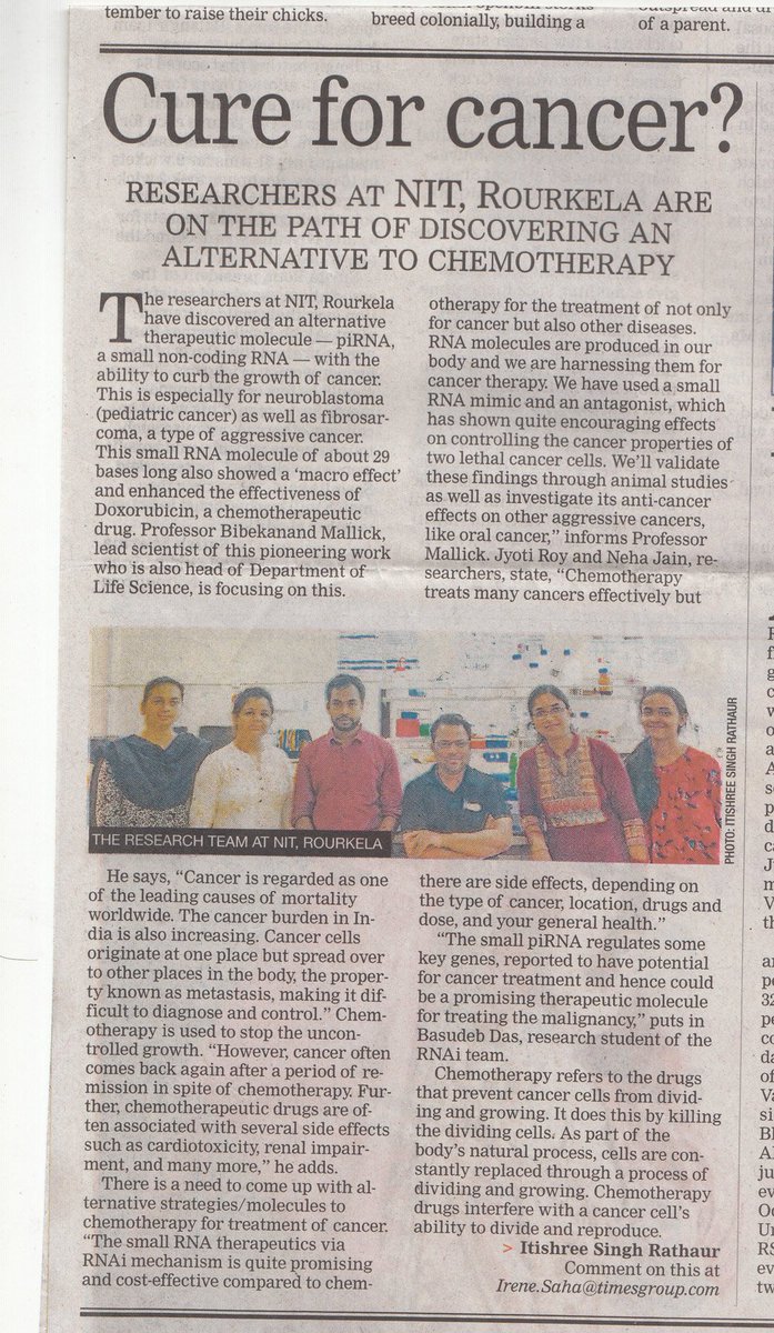nitrourkela's tweet image. The researchers of #NITRKL has discovered an alternative therapeutic molecule, piRNA, a small non-coding RNA, which has demonstrated the ability to curb the growth of cancer. To know more read the following article published in the Times of India.
#Cancer #Chemo