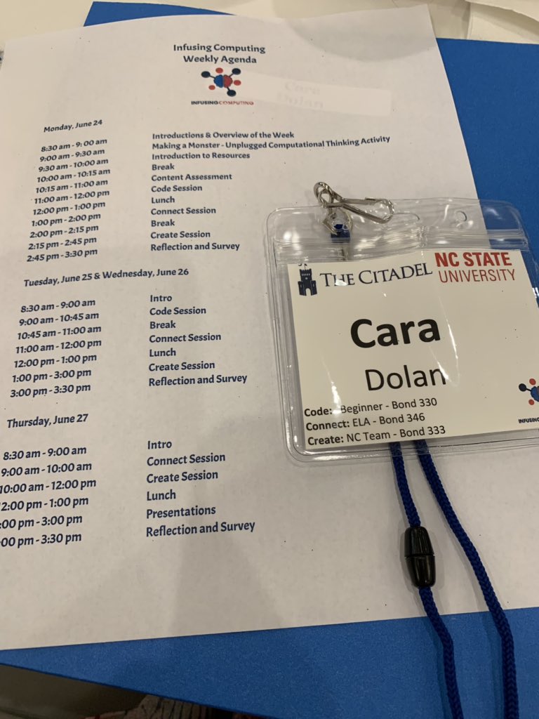 CaraDolan's tweet photo. I’m so excited to begin this week of learning! #infusingcomputing  @Citadel1842 @NCState https://t.co/YpVtxwGgk7