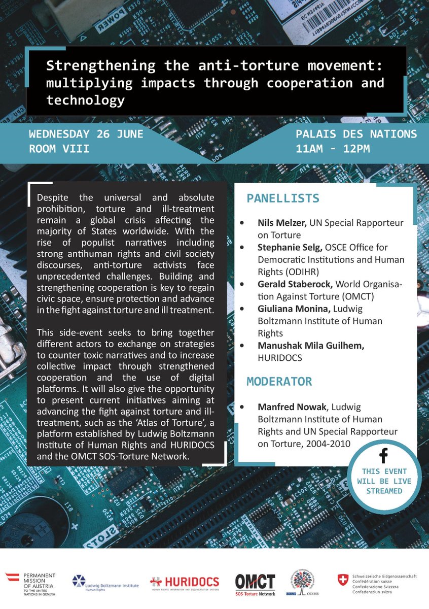 AtlasofTorture's tweet photo. On 26.6.2019 @BIM_Vienna, @HURIDOCS, @omctorg &amp; @osce_odihr will host a @UN_HRC SideEvent. Manfred Nowak, Nils Melzer, Stephanie Selg, Giuliana Monina and Manushak Guilhem will discuss about #anti-torture, #cooperation &amp; #technology. Join us at Palais des Nations or on Facebook! https://t.co/idJ90kw8Hu
