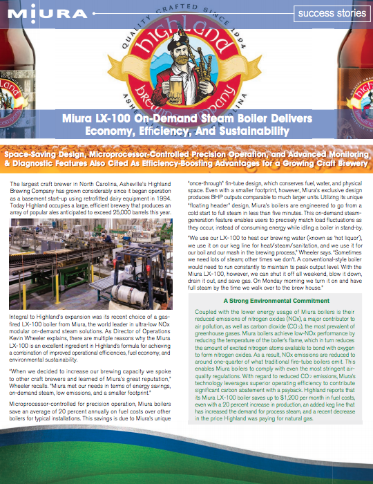 Miura_Steam's tweet image. Asheville, NC-based Highland Brewing Company&apos;s decision to bring in a Miura gas-fired LX-100 boiler has proven to be pivotal in their output goals.

Read the entire case study: buff.ly/2LSk8Re