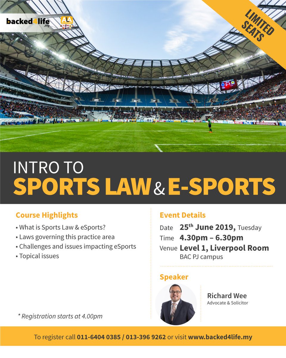 Intro To Sports Law &amp; E-Sports

REGISTER &amp; JOIN FOR FREE at
bit.ly/B4LJune2019

You may be getting a call to confirm your attendance.

For more information, please call us at 011-640-40385 / 013-396-9262