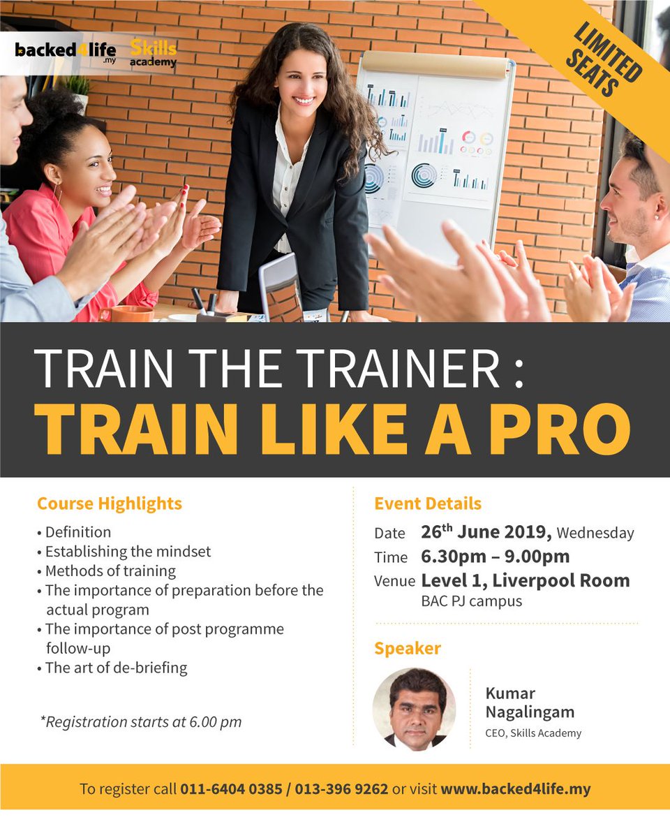 Train The Trainer: Train Like A Pro

REGISTER &amp; JOIN FOR FREE at
bit.ly/B4LJune2019

You may be getting a call to confirm your attendance.

For more information, please call us at 011-640-40385 / 013-396-9262