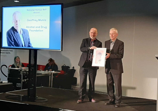 AlcoholDrugFdn's tweet photo. Congratulations to our own @GeoffMunro for his National Honour Roll Award #win at the 2019 National AOD Awards tonight in Melbourne, recognising 28 years of substantial, ongoing and meaningful contribution to the AOD sector. https://t.co/j1Nhb8gZQW