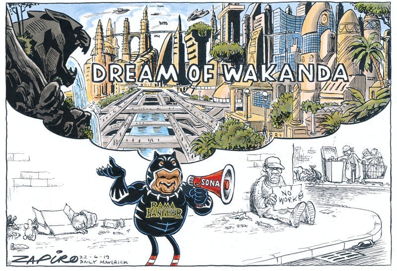 zapiro's tweet photo. Zapiro's cartoon @dailymaverick  (22 June 2019) on Dream of Wakanda @CyrilRamaphosa @MYANC @PresidencyZA #SONA2019- https://t.co/7rZAozeplQ https://t.co/JvbutyBxor