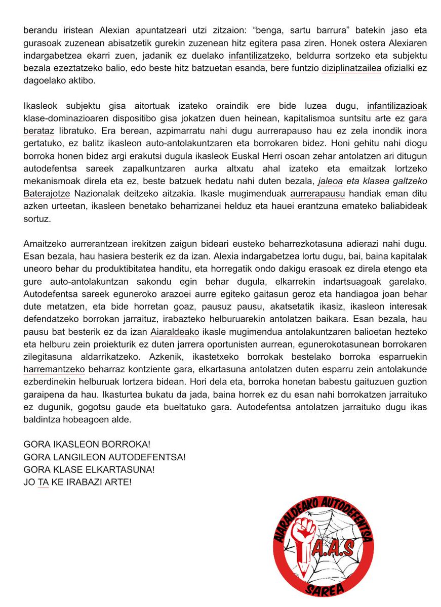 Nahiz eta bidea luzea izan, lortu egin dugu, Laudio Ikastolan garaipena eskuratuz. Ikasle borrokaz Alexia gainditu dugu. Gogoratu, autodefentsa antolatzen jarraituko dugu ikas baldintza hobeagoen alde!