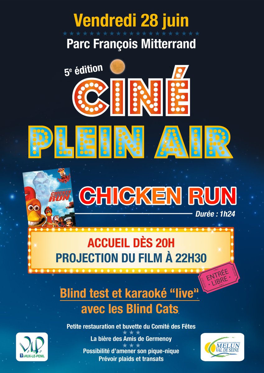 #Ciné Plein Air - 5ème édition 🎬 #Animations, blind test, #karaoké et projection du film Chicken Run au parc François Mitterrand vendredi 28 juin à partir de 20h !  Entrée #gratuite, renseignements au 01 64 71 91 20. #agenda #SeineetMarne #VauxlePenil