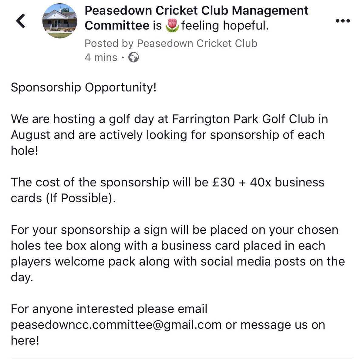 Anyone interested in sponsoring the golf day, contact peasedowncc.committee@gmail.com