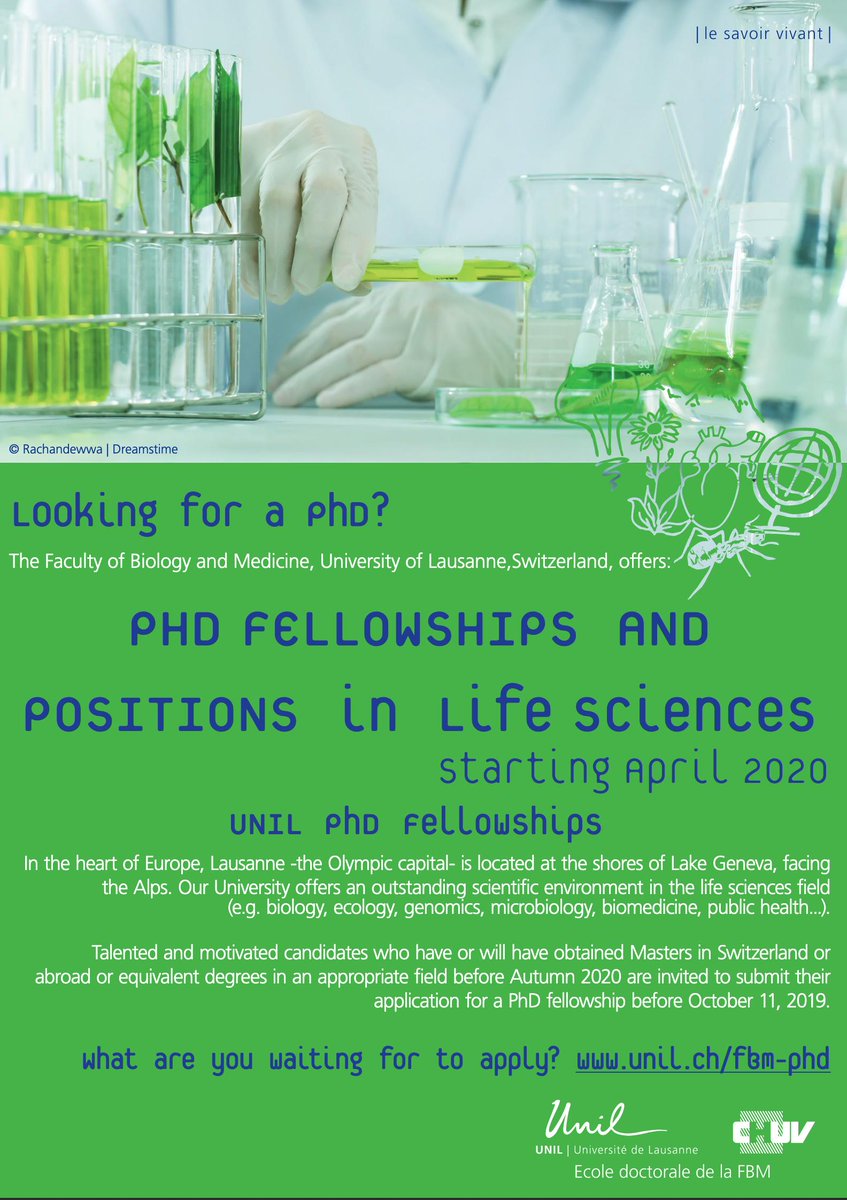 Fully paid PhD fellowships <a href="/unil/">Université de Lausanne</a> available! Find and contact a host lab (for instance our lab or any lab <a href="/DMF_UNIL/">DMF UNIL</a> 😉) and apply before the 11th of October. More info here: unil.ch/ecoledoctorale…