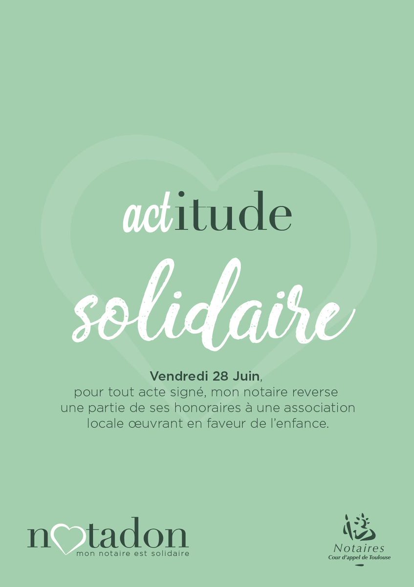 Notaires_Tlse's tweet photo. 💟 Initiative solidaire unique en France dans le #Notariat, les @Notaires_Tlse lancent le premier #NOTADON

➡️ Principe: à chaque acte signé ce vendredi 28 juin, les #notaires reverseront 10€ de leurs émoluments au bénéfice d’une association locale œuvrant en faveur de l’Enfance https://t.co/ieoaFVucO1