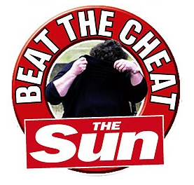 Logo for the Sun's "Beat the Cheat" campaign, featuring a person trying to cover their face to avoid being photographed.