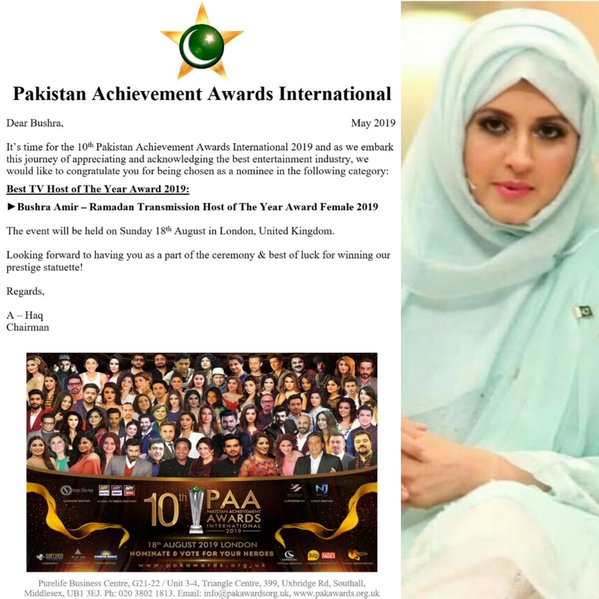 ThisIsSunrise's tweet image. Bushra Amir nominated for Best Ramadan Transmission Host of The Year Award Female 2019. Best wishes. 10th Pakistan Achievement Awards International on Sunday 18th August in London. Nominate and vote for your heroes pakawards.org.uk

#10thPAA2019 #PAA #10thPAA #Samaraevents