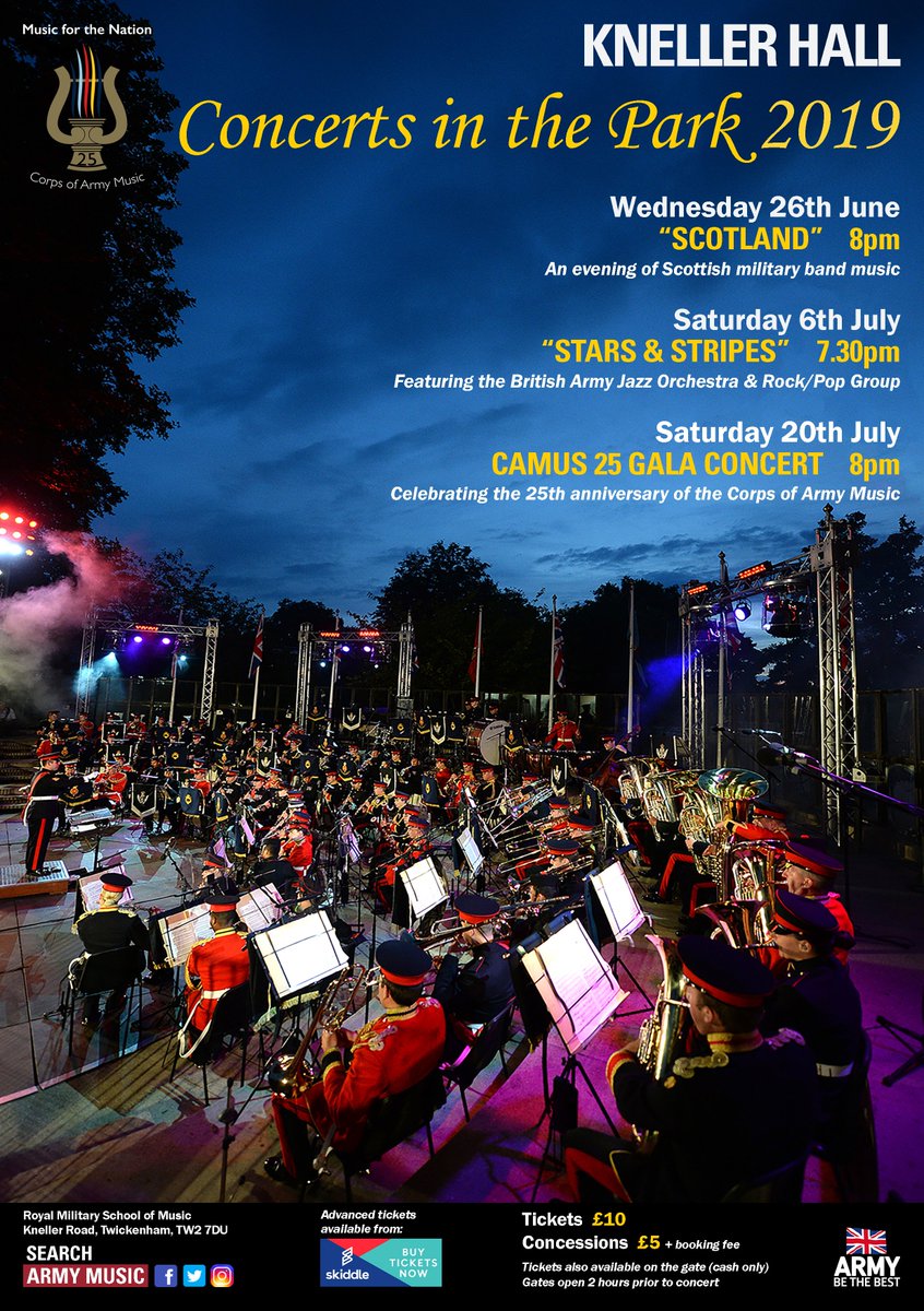 This Wednesday @RABand1762 and Pipers from the London Scottish Regiment will be playing alongside the @ScotsGuardsBand at this year's first 'Concerts in the Park' event.
Tickets available at: bit.ly/2RpleHV or pay on the gate (cash only)
#MondayMotivation #UKArmyMusic
