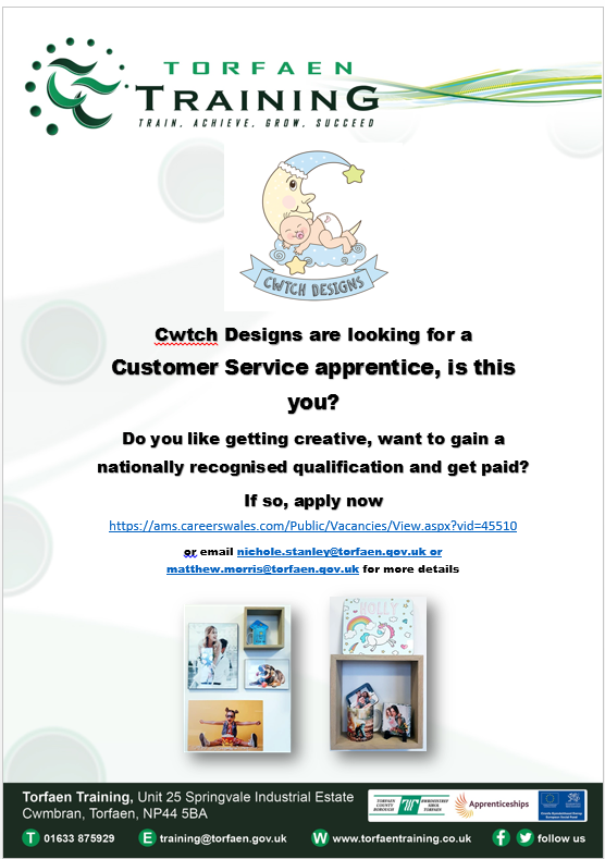 NEW APPRENTICESHIP VACANCY ALERT !

Cwtch Designs are looking for a Customer Service apprentice. Apply now on ams.careerswales.com/Public/Vacanci…

<a href="/CwtchD/">cwtch designs</a> #torfaentraining #apprentice #apprenticeship #training #torfaen #jobs