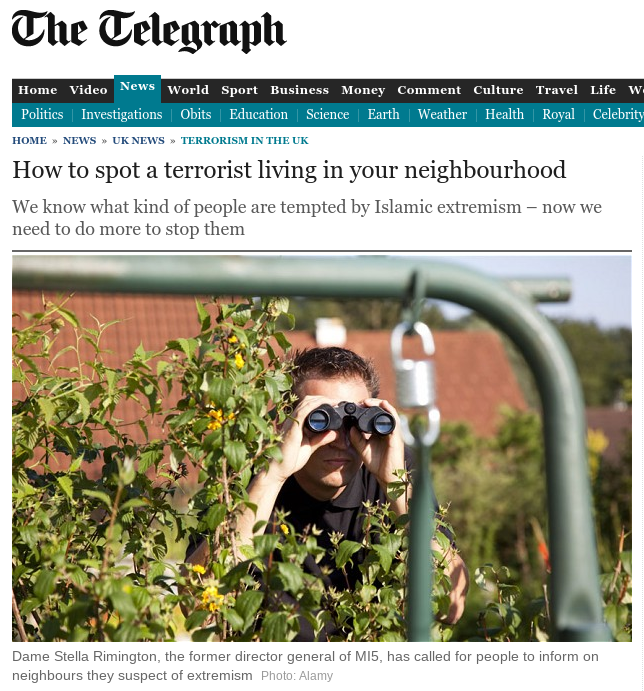 Screengrab of linked article headline: "How to spot a terrorist living in your neighbourhood"