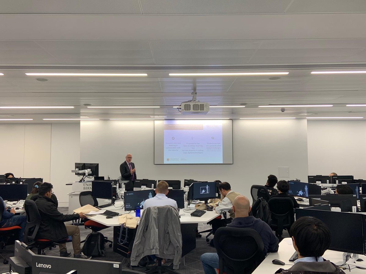 UoB_DIBC's tweet photo. Today we launch our Advanced #DIBC2019 for #postgraduate @unibirmingham @SchoolofEng_UoB and @UoB_Business students! Wonderful start by Prof. Ian and @LifeAsManu &amp; @MehranEskandari! Supported by @TheIET and our @careersbham. #DigitalBootCamp2019 #DigitalInnovation #AI #VR https://t.co/HMdrznscez