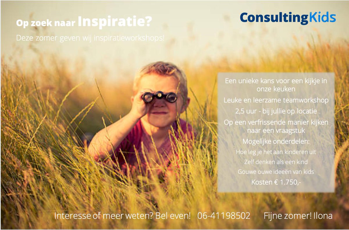 Opzoek naar een leuke activiteit met je team deze zomer? Boek een van onze inspiratieworkshops! Leerzaam, inspirerend en gegarandeerd vermakelijk! <a href="/ConsultingKids/">ConsultingKids</a>   

#inspiratie #andersdenken #workshop #zomer2019 #teambuilding #consultingkids #levenlangleren