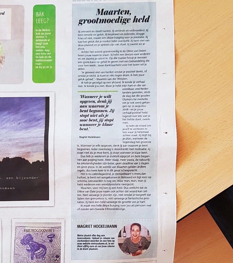 Magriiet's tweet photo. Yes, yes! Bedankt @mvdweijden voor het niet opgeven. Daardoor sta ik in de @metro met een kleine #ode aan jou. #lezerscolumn #elfstedenzwemtocht #tweekeerscheepsrecht https://t.co/wjLlghGQrb