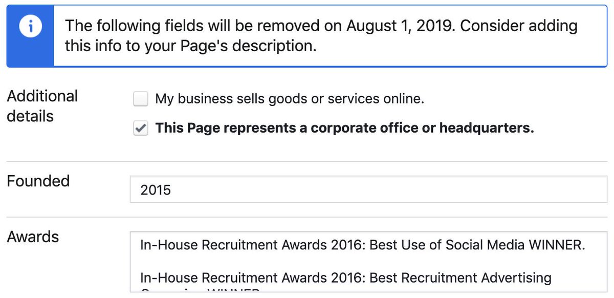alitylondon's tweet photo. Calling all social media marketers - @facebook are removing the following fields from your info page in just over a month, don't forget to update your pages accordingly 😎 #facebookupdate #facebookinfo #socialmediamarketing #august1st #teamality https://t.co/olHIu2lTt6
