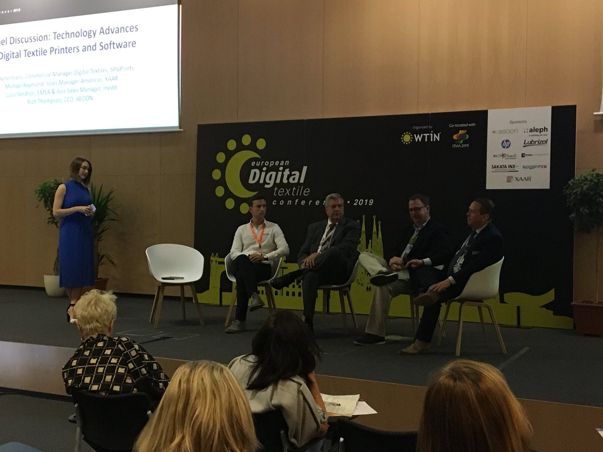WTiN_DTC's tweet image. At #WTiN_DTC, industry experts are engaged in a panel discussion on #digitaltextile workflow. @aeoontech, @ineditsoftware, @Xaarplc, @SPGPrints