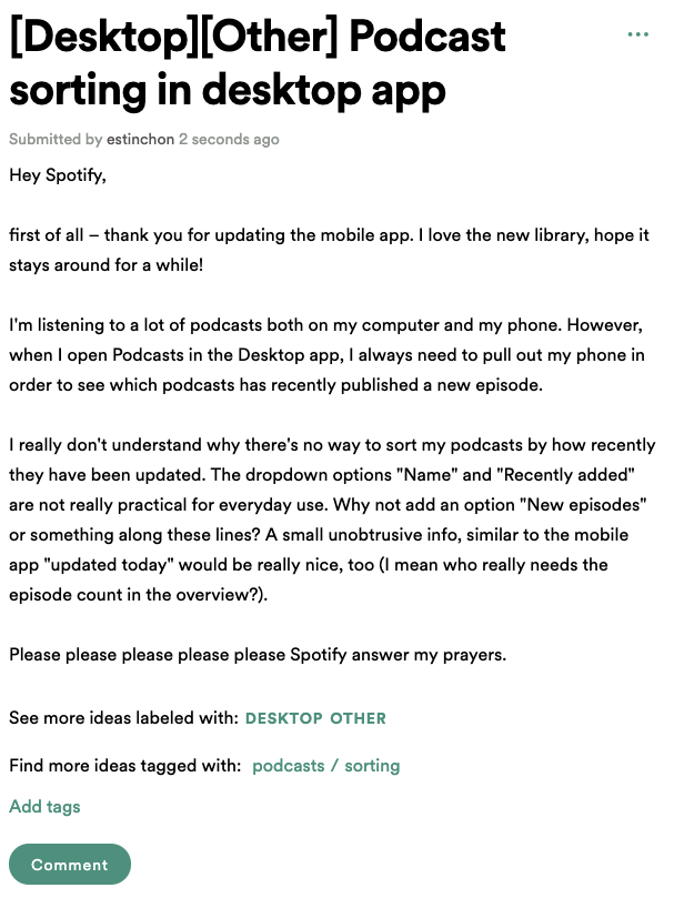 estinchon's tweet photo. Please please please please please @Spotify answer my prayers.

Support the idea: https://t.co/HTzywgAnPw https://t.co/jfDHiJFyfK