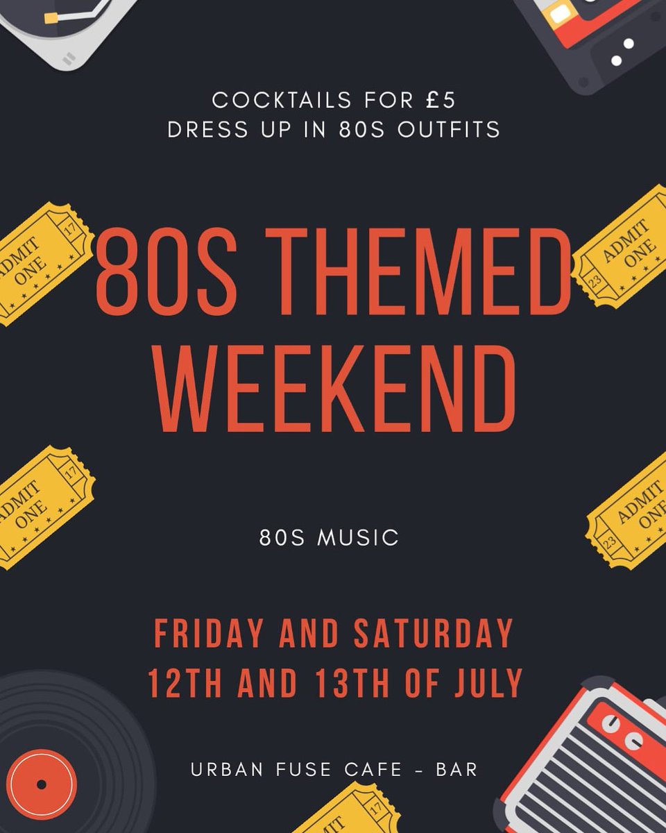 UrbanfuseCafe's tweet photo. We are going back to the 80s, with a themed weekend. Book now  for the 12th and 13th of July to avoid any disappointments. Other bussiness in Coulsdon will join the 80s theme that werkend. Please support @trendylane @cozyglow @coulsdonhomehardware @littlelambssoftplay https://t.co/xgUaVzq358