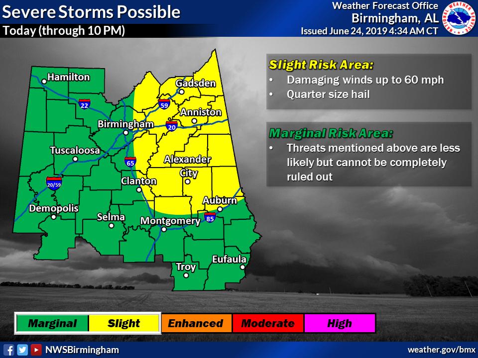 NWSBirmingham's tweet photo. Showers &amp; thunderstorms will approach our western counties this morning with strong winds possible. We maintain a Slight Risk of severe storms in the northeast for additional storm intensification this afternoon. Scattered rain chances continue tonight, mainly in the east. #alwx https://t.co/pUeCPFjizB